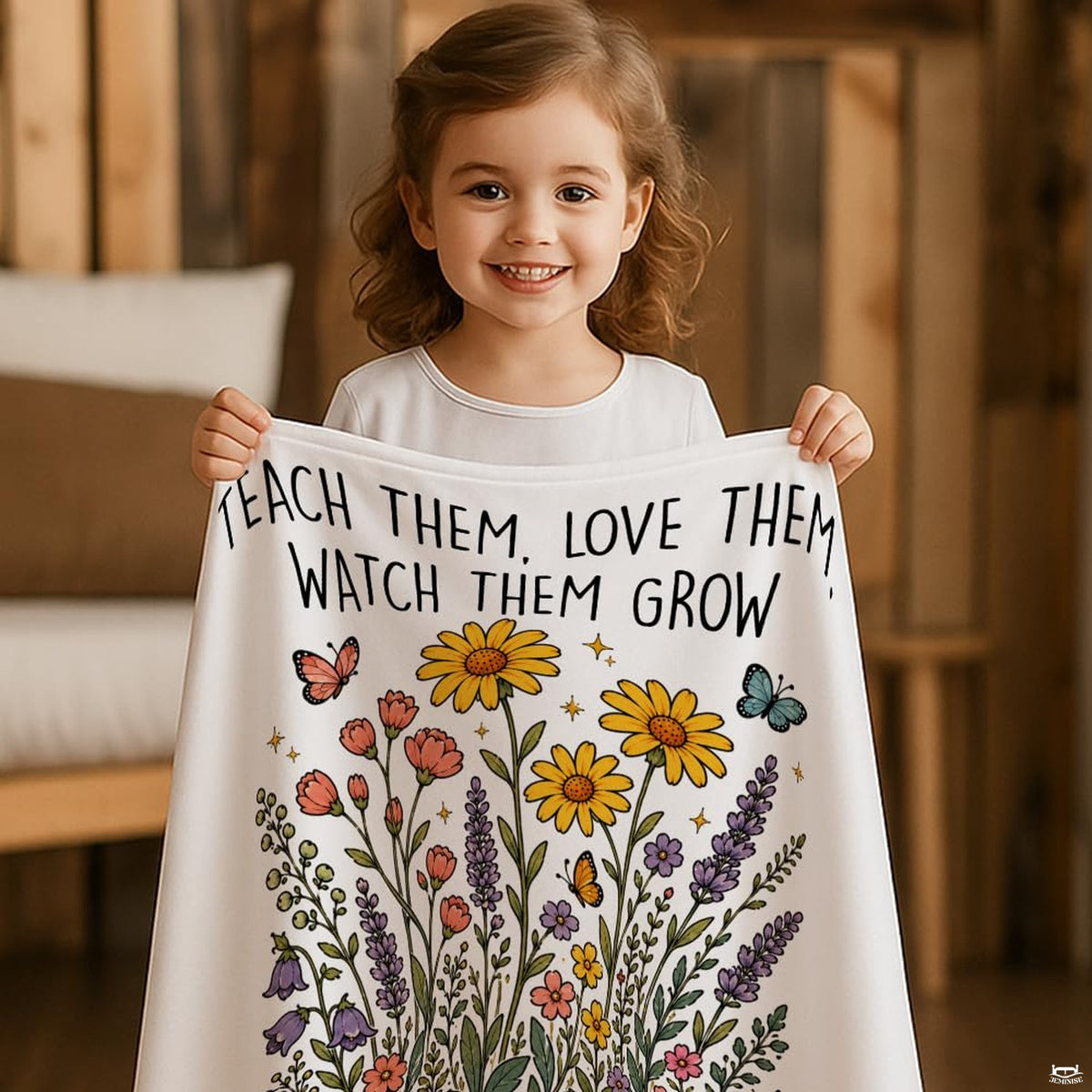 Teacher appreciation wildflower throw blanket styled in cozy reading chair beside window