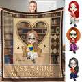 Front view of heart bookcase reader girl throw blanket showing heart shelf and argyle panels.