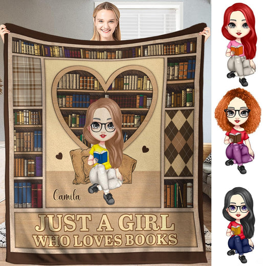 Front view of heart bookcase reader girl throw blanket showing heart shelf and argyle panels.