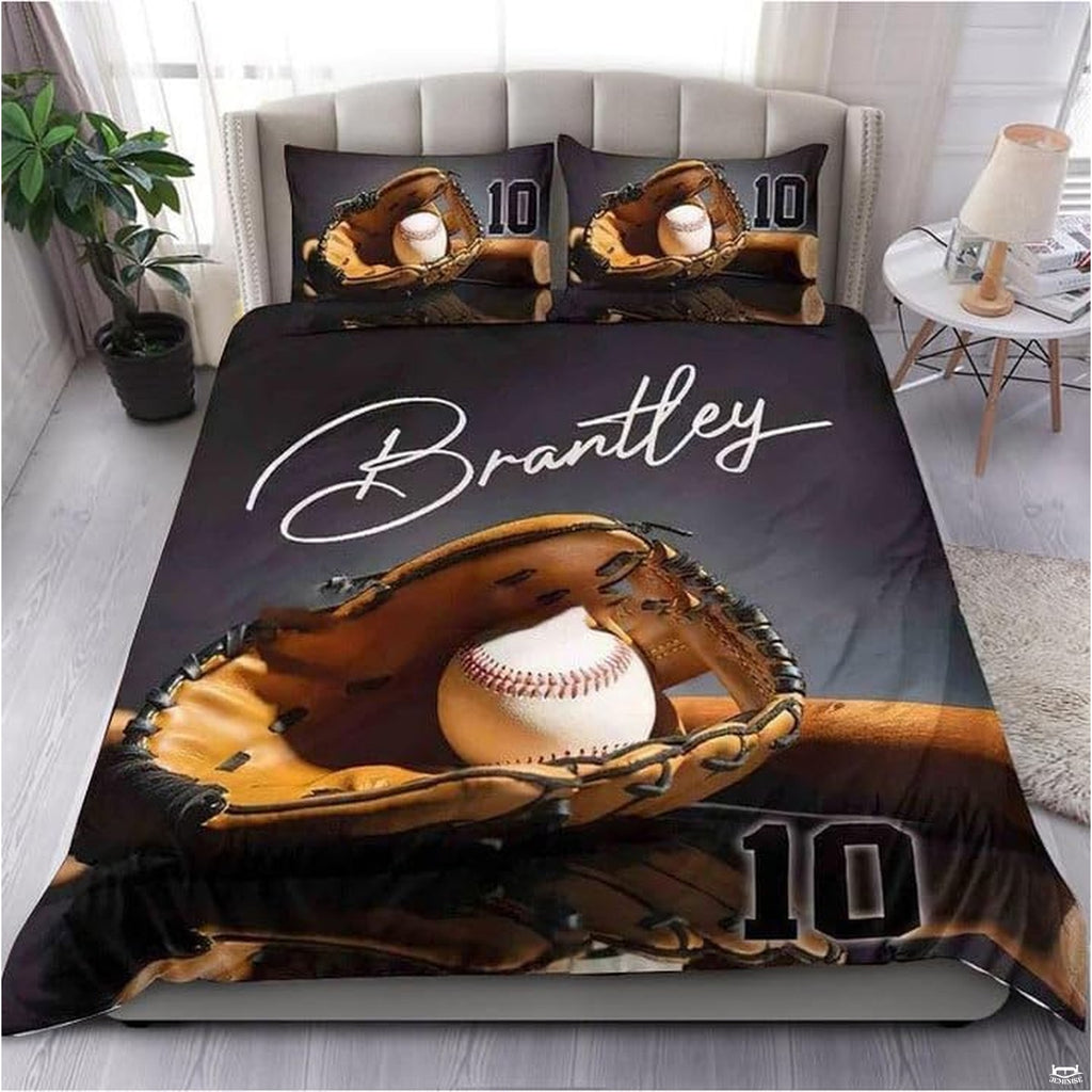 Baseball bedding displaying authentic tan fielding mitt cradling a baseball beside a polished bat on sleek black