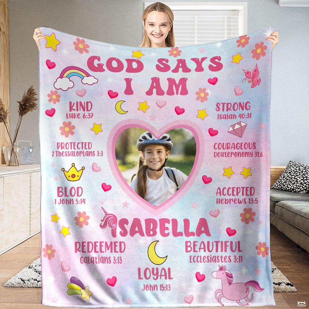 God says I am Christian faith affirmation blanket front display