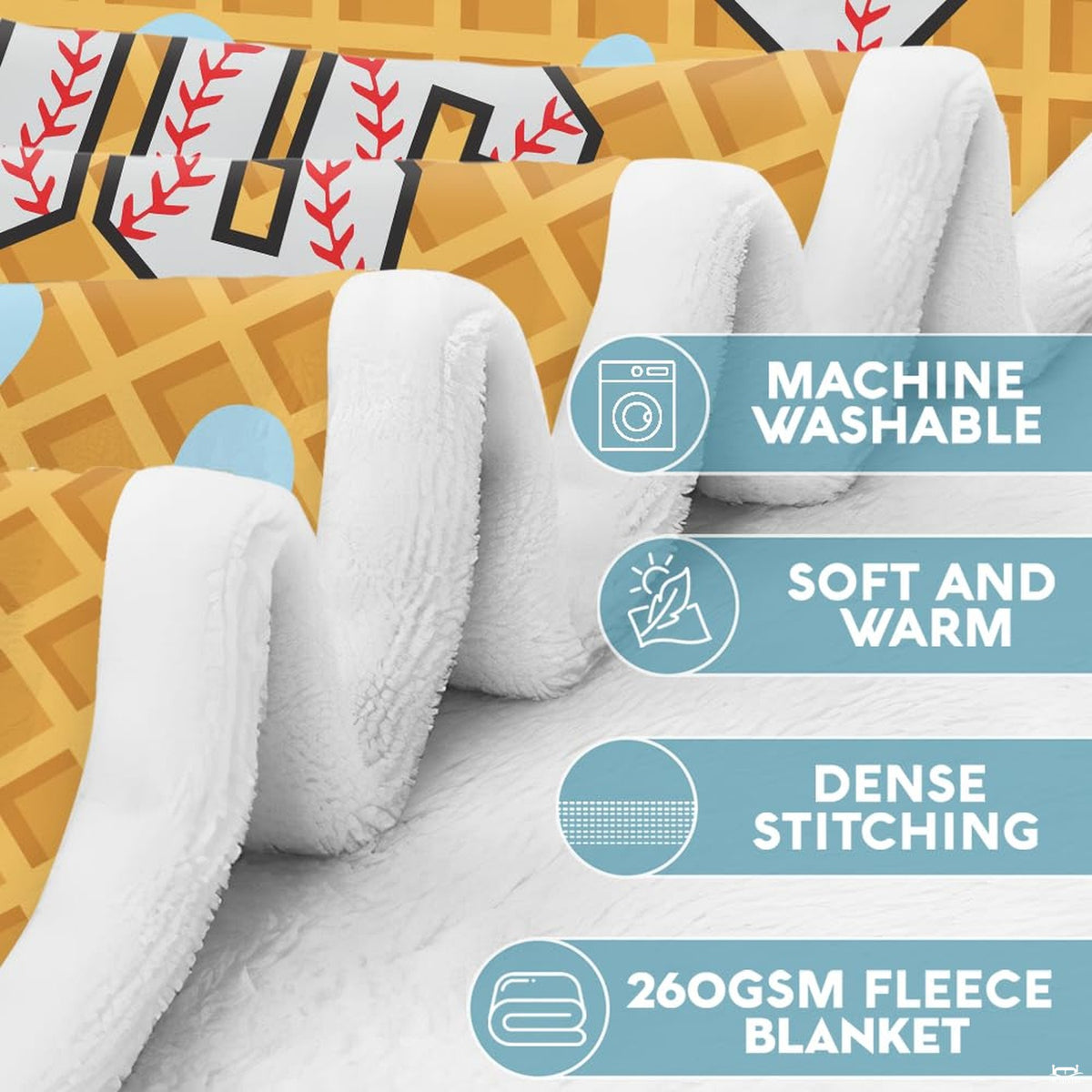 Detailed artwork view of waffle ice cream bedding displaying athletic baseball lettering with red seam details.
