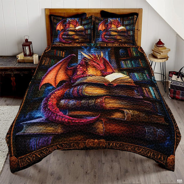 Red and gold dragon reading atop stacked books in a dark library