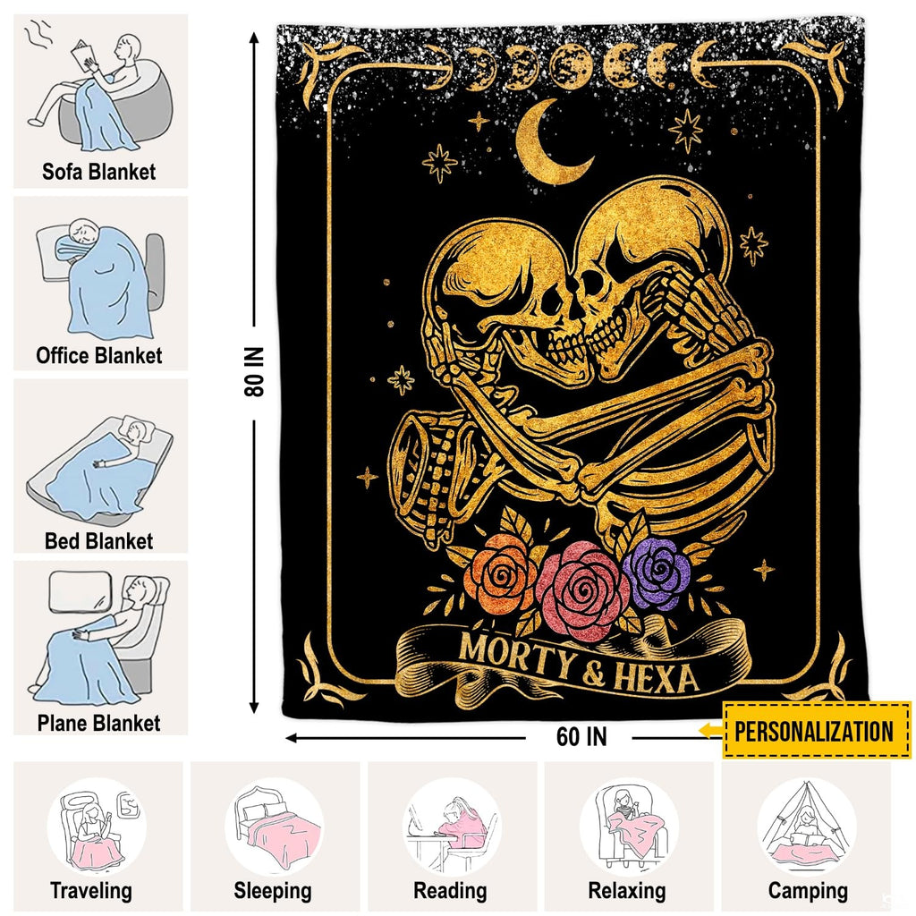 Detail of gold skeleton lovers throw blanket highlighting shimmering skeletal linework and roses