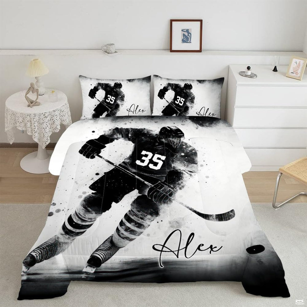 Monochrome ice hockey player watercolor splatter bedding set displayed over modern bedroom furniture.