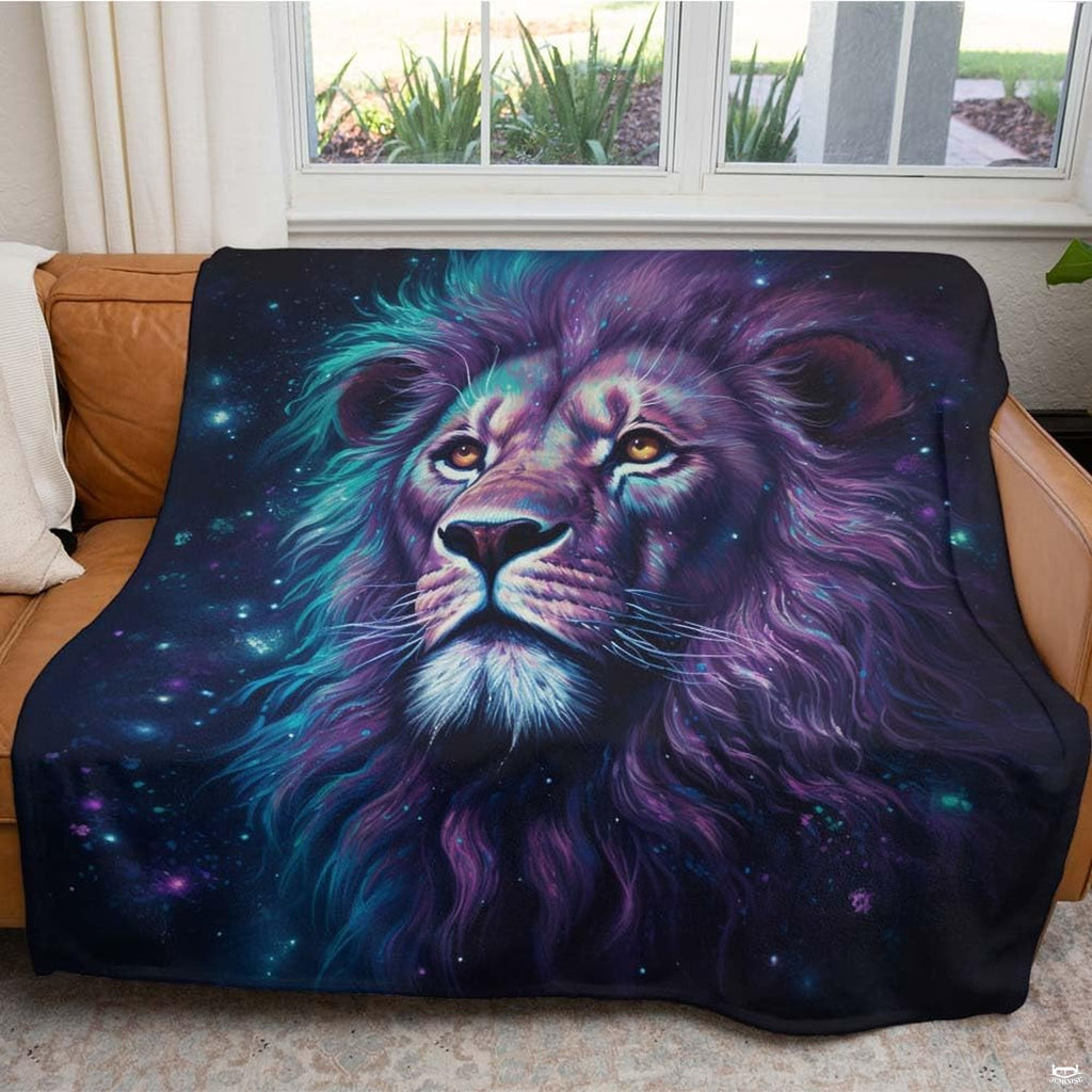 Angled view of majestic lion bedding set showing deep midnight blue cosmic nebula patterns