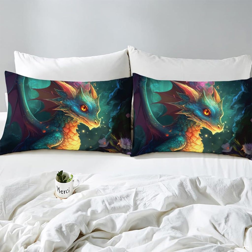 Close-up detail of dragon fantasy bedding highlighting vibrant green wings and deep cosmic contrast.