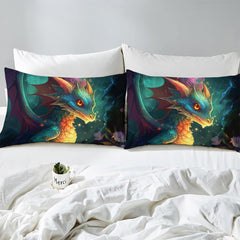 Close-up detail of dragon fantasy bedding highlighting vibrant green wings and deep cosmic contrast.