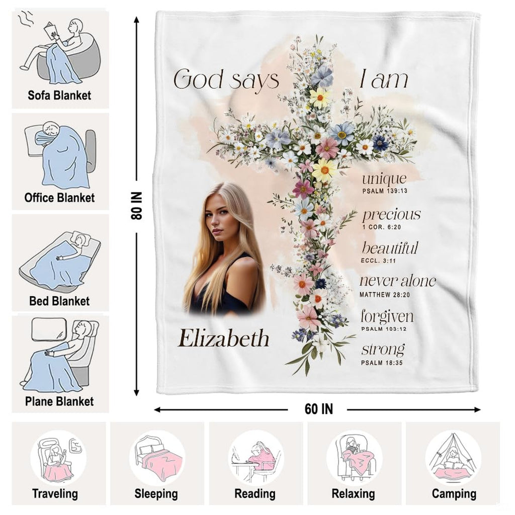 Wildflower floral cross god says I am scripture blanket showing botanical cross view 4