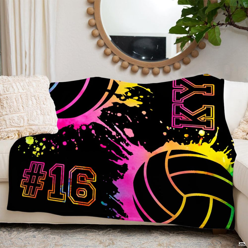 Atmospheric bedroom setting featuring the colorful neon splatter volleyball bedding set as a focal point.