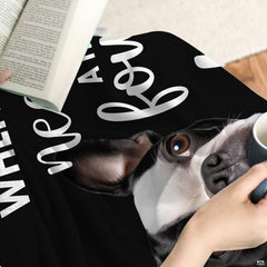 Love pet beds for dogs visual theme showing expressive pup artwork across neutral bedding set.