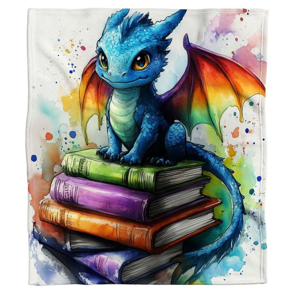 Full flat overhead view showing the complete watercolor baby dragon on books illustration.