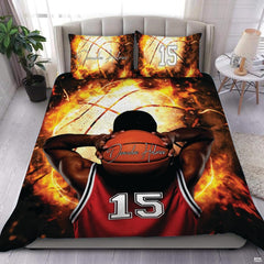 Fiery explosion basketball player bedding featuring red jersey athlete and blazing flames on a black bed