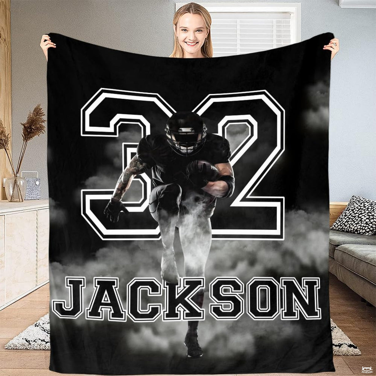 Close-up of athletic jersey numbering and smoky stadium effects in football bedroom decor boy styling.