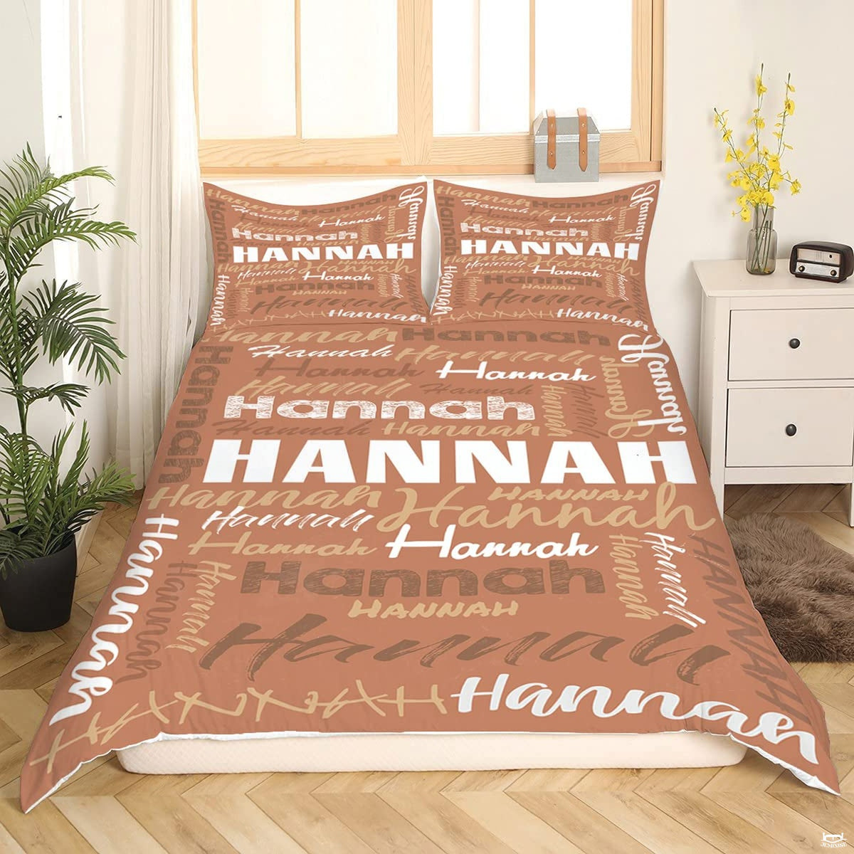 Matching pillow sham detail for typography bedding set displaying dense multi-font lettering in bedroom setting
