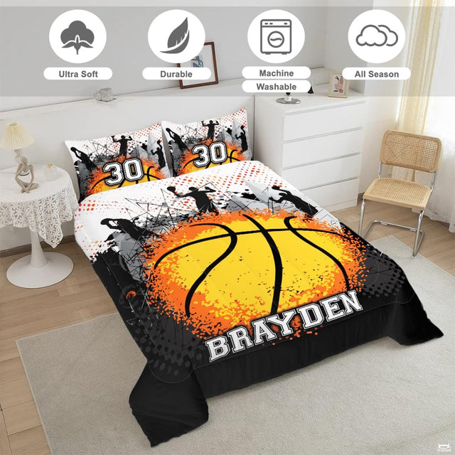 Close-up view of basketball bedding showcasing golden textured ball and bright stadium arena spotlights