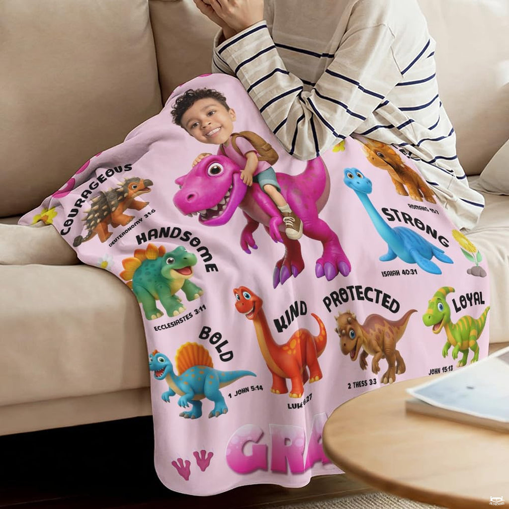 Cute animated stegosaurus and triceratops dinosaur characters paired with faith affirmations