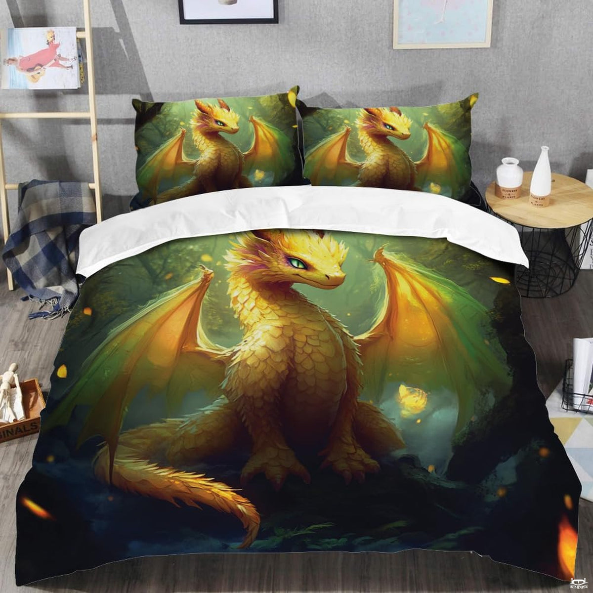 Amber wing dragon bedding shown in a modern bedroom