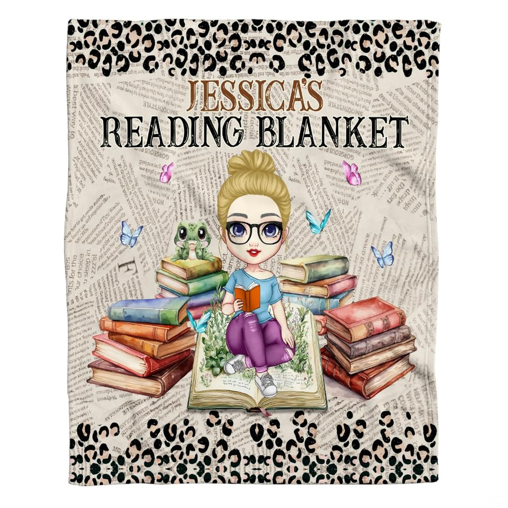Cartoon girl reading with glasses on book stacks with leopard newsprint pattern, view 2.