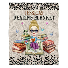 Cartoon girl reading with glasses on book stacks with leopard newsprint pattern, view 2.