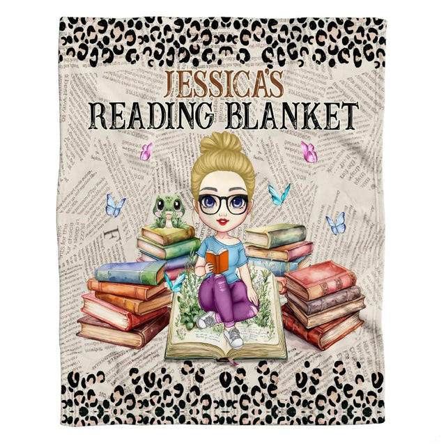 Cartoon girl reading with glasses on book stacks with leopard newsprint pattern, view 2.