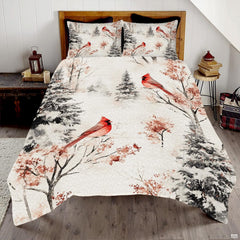 Watercolor winter forest bedding showcasing vibrant red cardinals perched among snowy evergreen pines and berries.