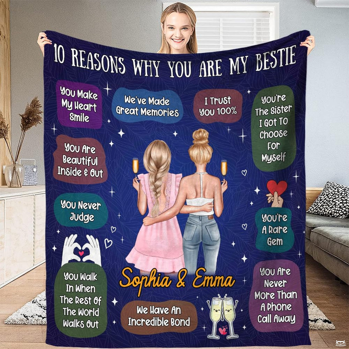 Best friend design with two girls toasting champagne and ten friendship reasons on navy background, view 1.