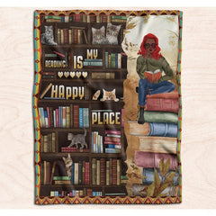 Graphic variation displaying red-haired reader on antique book stack next to cat-filled bookshelf.