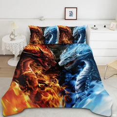 Elemental fire and water dragon fantasy bedding set displayed neatly on a bed in an adventurous bedroom