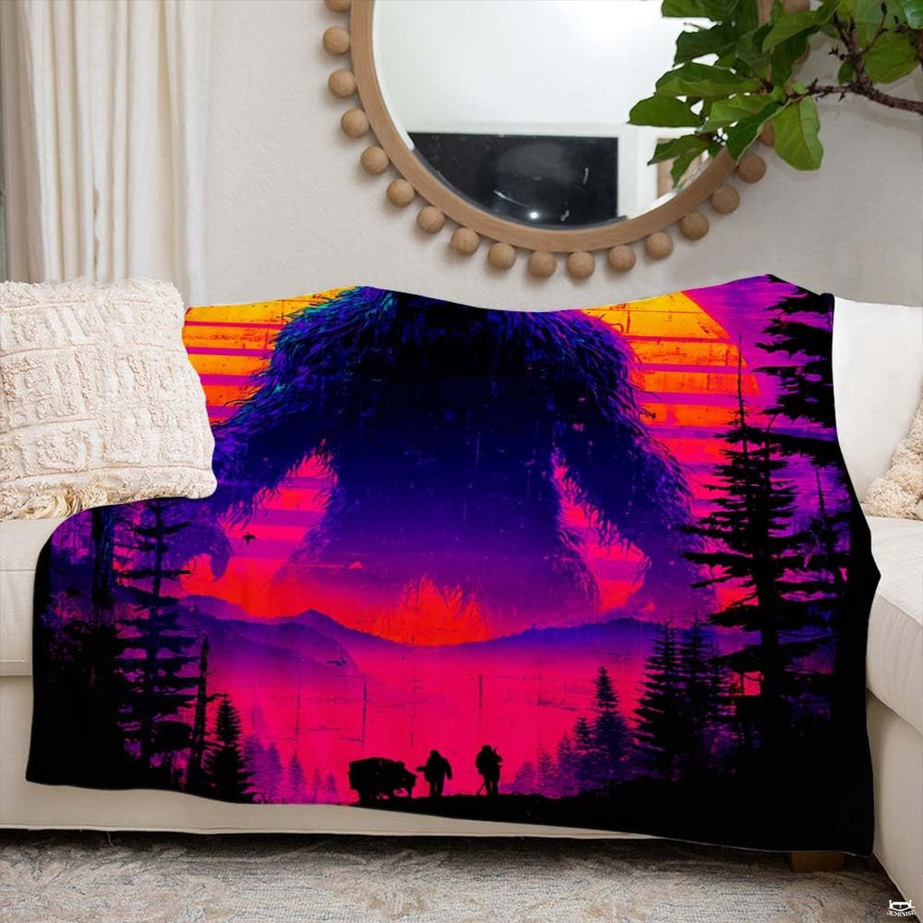 Colossal Bigfoot with glowing eyes beneath a neon synthwave striped sunset, view 6.