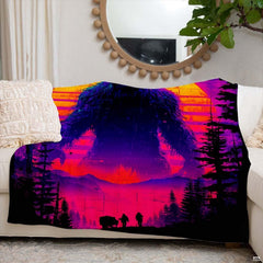 Colossal Bigfoot with glowing eyes beneath a neon synthwave striped sunset, view 6.