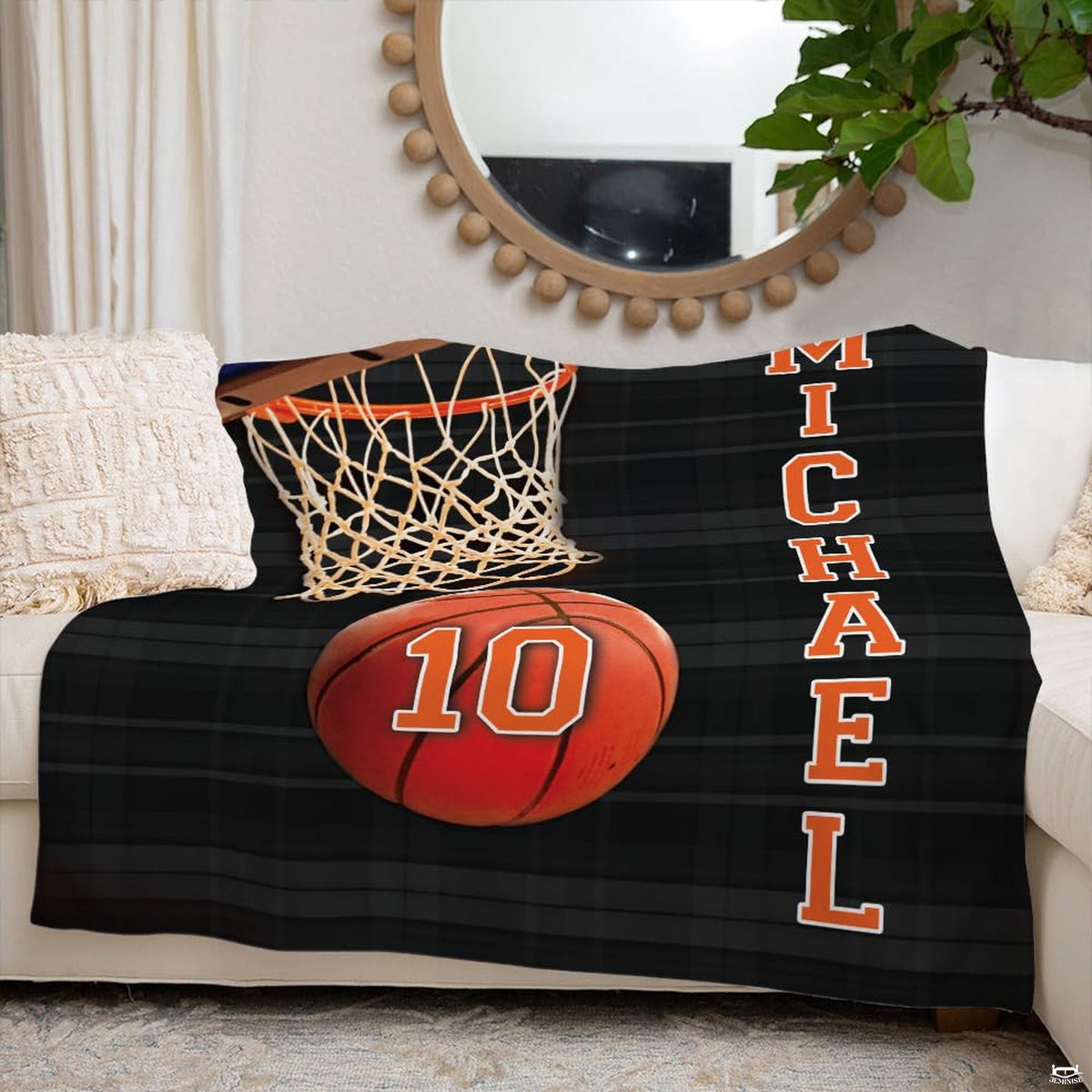 Basketball hoop sports throw blanket view 6 highlighting textured basketball and woven net graphics
