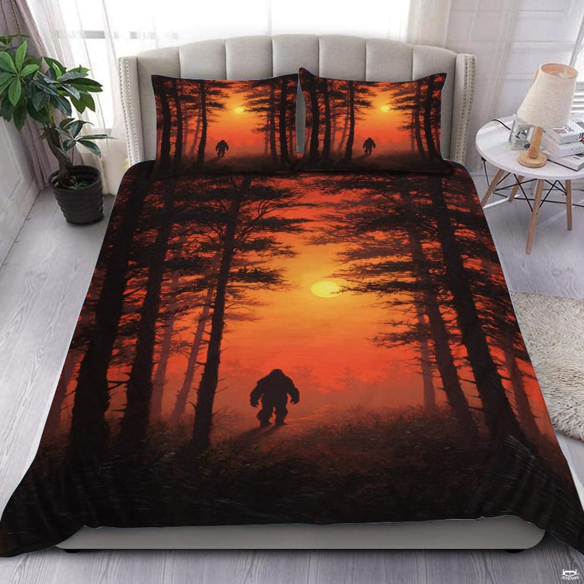 Tangerine coral bigfoot silhouette bedding set showing a cryptid sasquatch walking across radiant sunset bands.