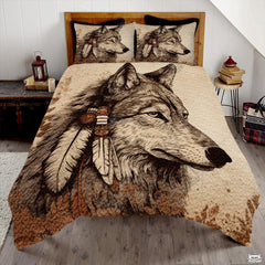 Custom Wildlife Wolf Head with Feathers in Profile Comforter