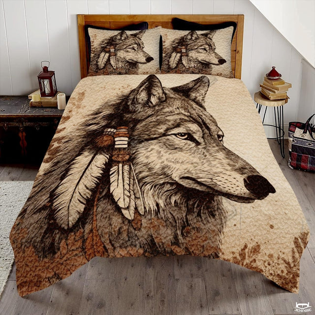 Custom Wildlife Wolf Head with Feathers in Profile Comforter