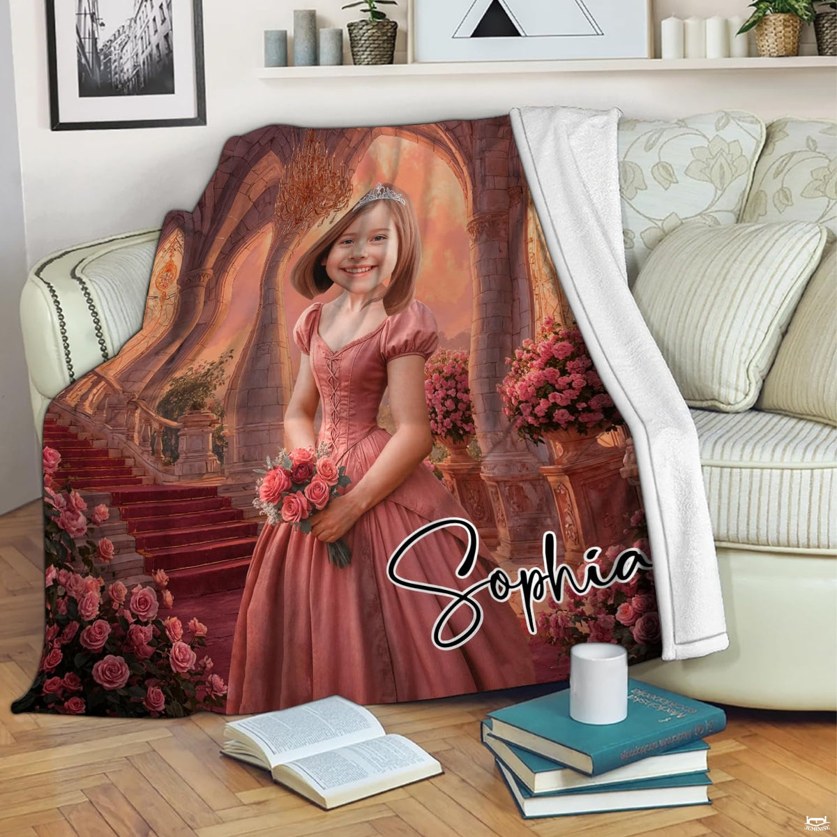 Artistic floral motif with thematic accent rose blossoms layered across rustic timber background accents.