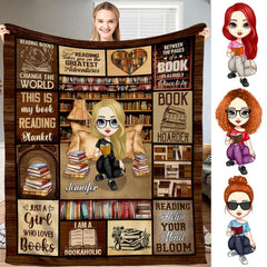 Personalized Blonde Girl Reading Amidst Bookshelves Blanket - Book