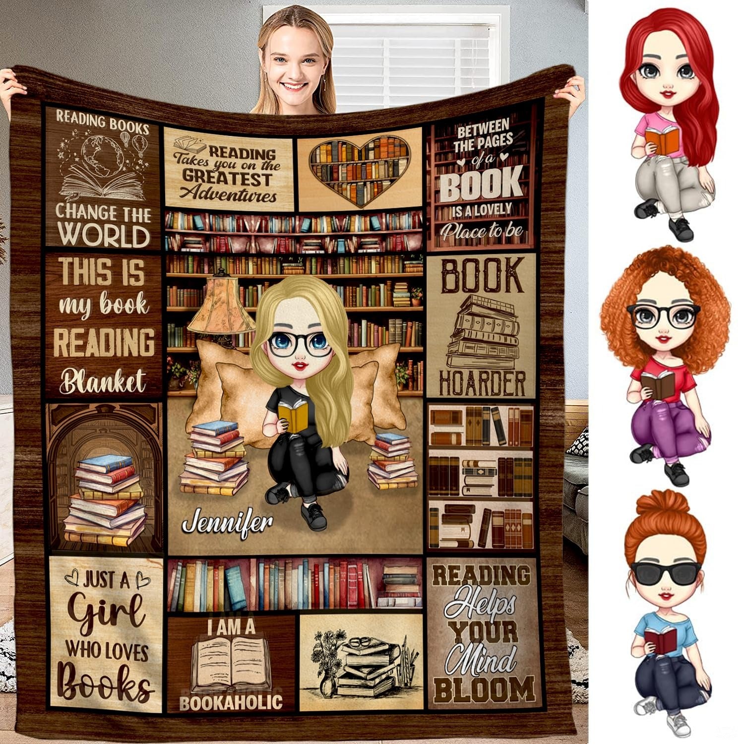Personalized Blonde Girl Reading Amidst Bookshelves Blanket - Book