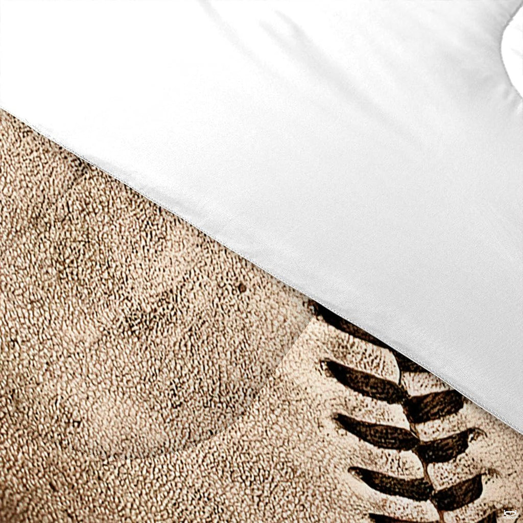 Folded presentation of baseball helmet bedding displaying sharp graphic clarity in neutral beige and tan tones