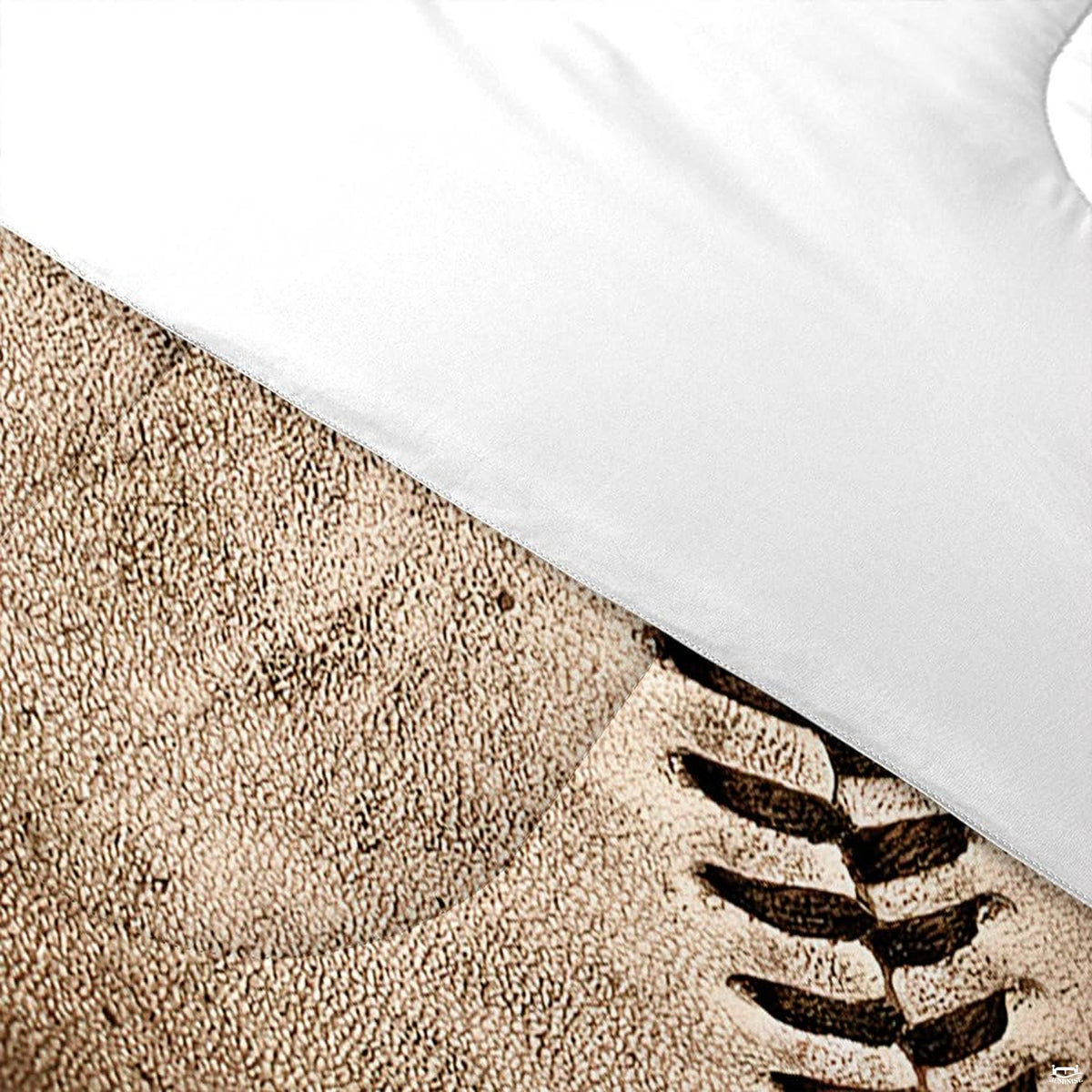 Folded presentation of baseball helmet bedding displaying sharp graphic clarity in neutral beige and tan tones