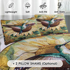 Close view of hummingbird pillows with cream sunflower petals