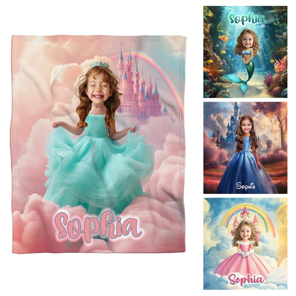 Fairytale princess castle cloud dreamscape blanket flat lay showcasing rainbow and ballgown
