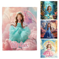 Fairytale princess castle cloud dreamscape blanket flat lay showcasing rainbow and ballgown