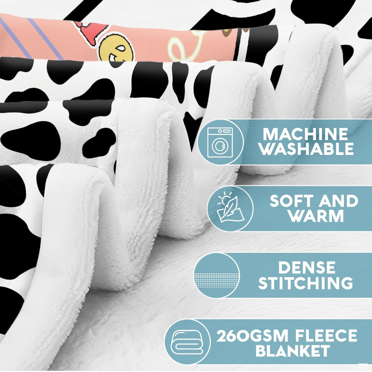 Spotted schoolhouse throw blanket featuring cow print, pink pennant bunting, and school bus stickers.