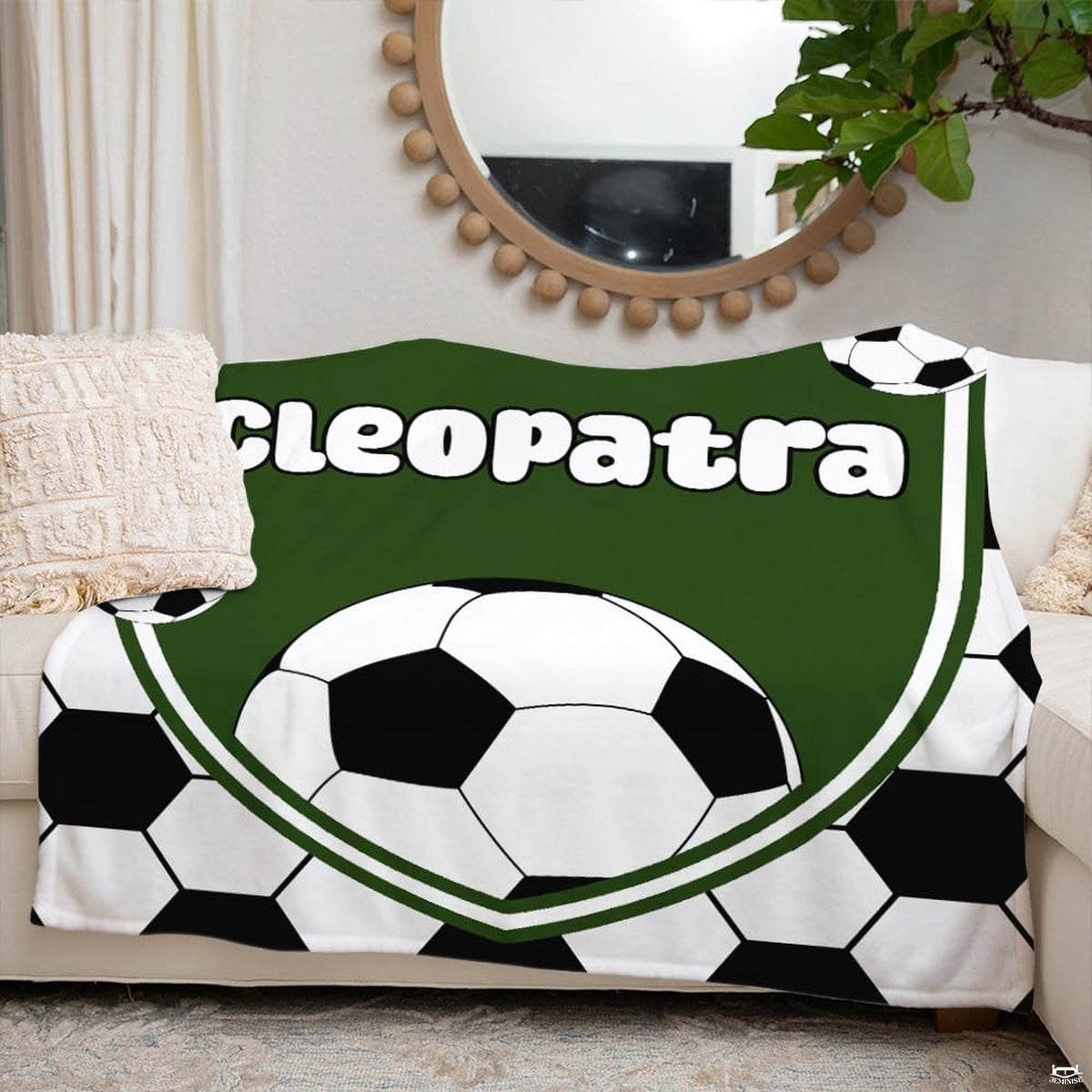 Full flat overhead view showing the complete soccer shield crest and tiled hexagonal border design.