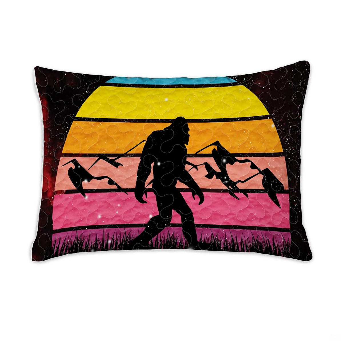 Detailed display of starlit celestial background and mountain silhouette accents on sunset cove bed set.