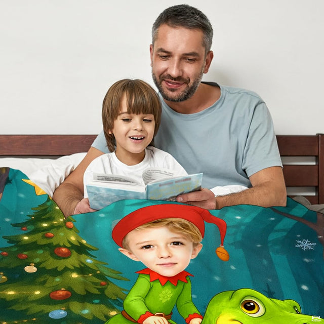 Christmas illustration of elf riding green T-Rex dinosaur near decorated tree, view 2.