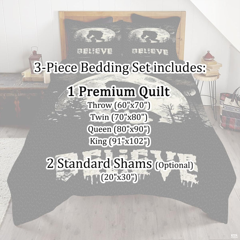 Top-down view of the dramatic cryptid silhouette and glowing lunar sphere bedding set