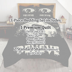 Top-down view of the dramatic cryptid silhouette and glowing lunar sphere bedding set