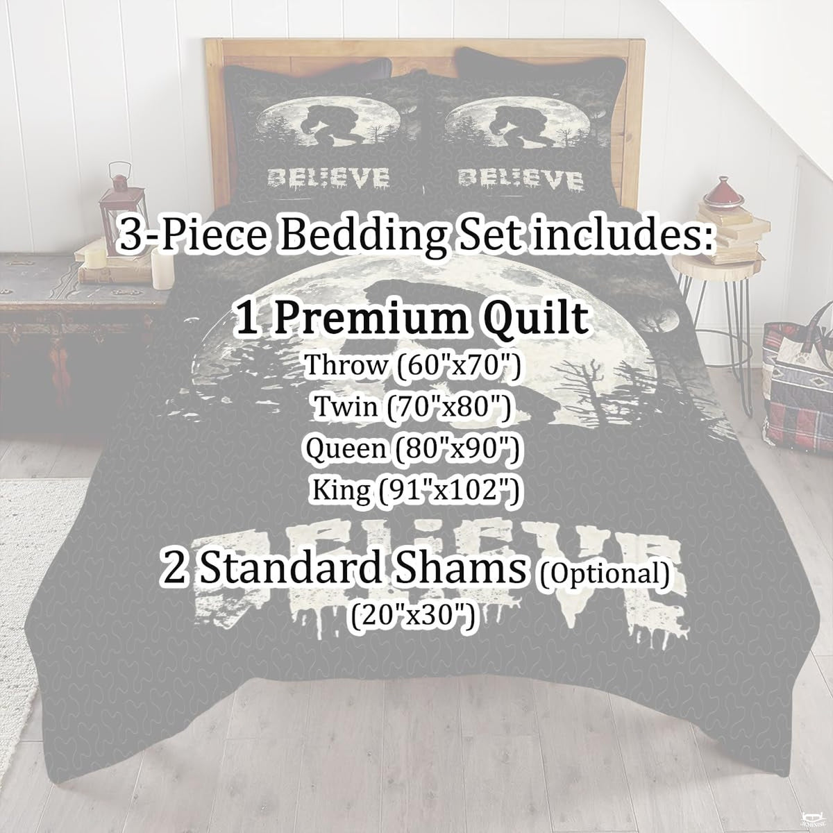 Top-down view of the dramatic cryptid silhouette and glowing lunar sphere bedding set